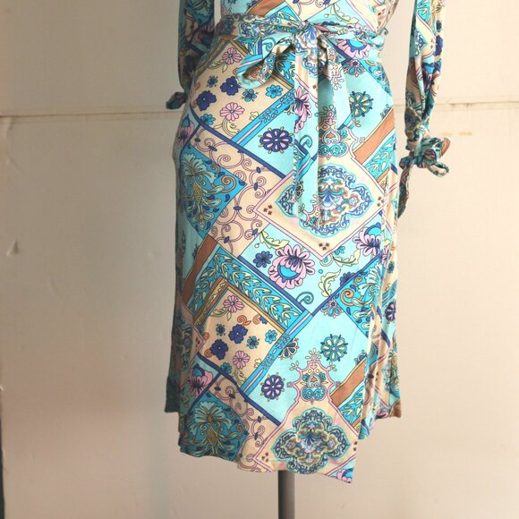 Multicolor silk aqua  tan wrap dress with Pucci perfect for work & play sz L - Picture 2 of 4